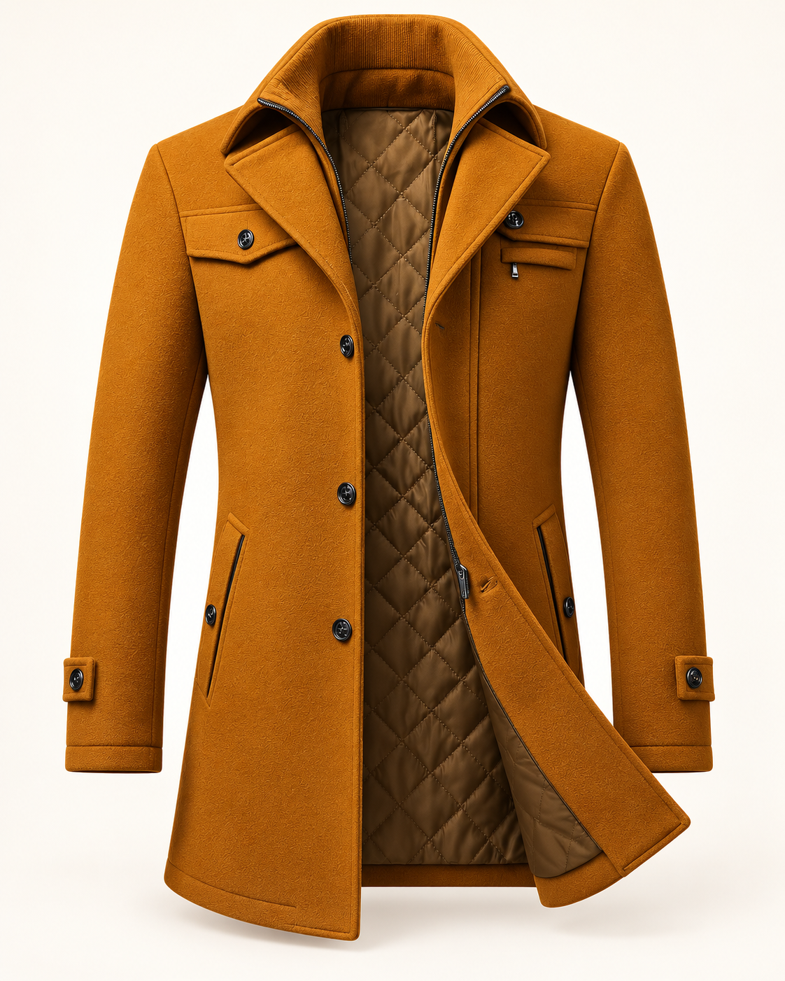 Men's wool overcoat in Brown, ghost mannequin front view