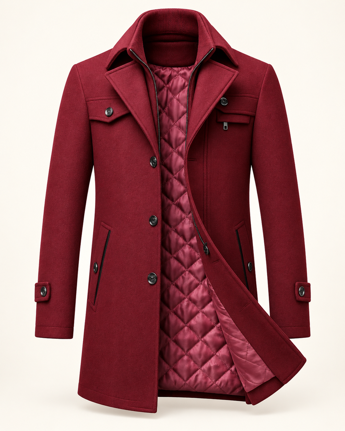 Men's wool overcoat in Burgundy, ghost mannequin front view