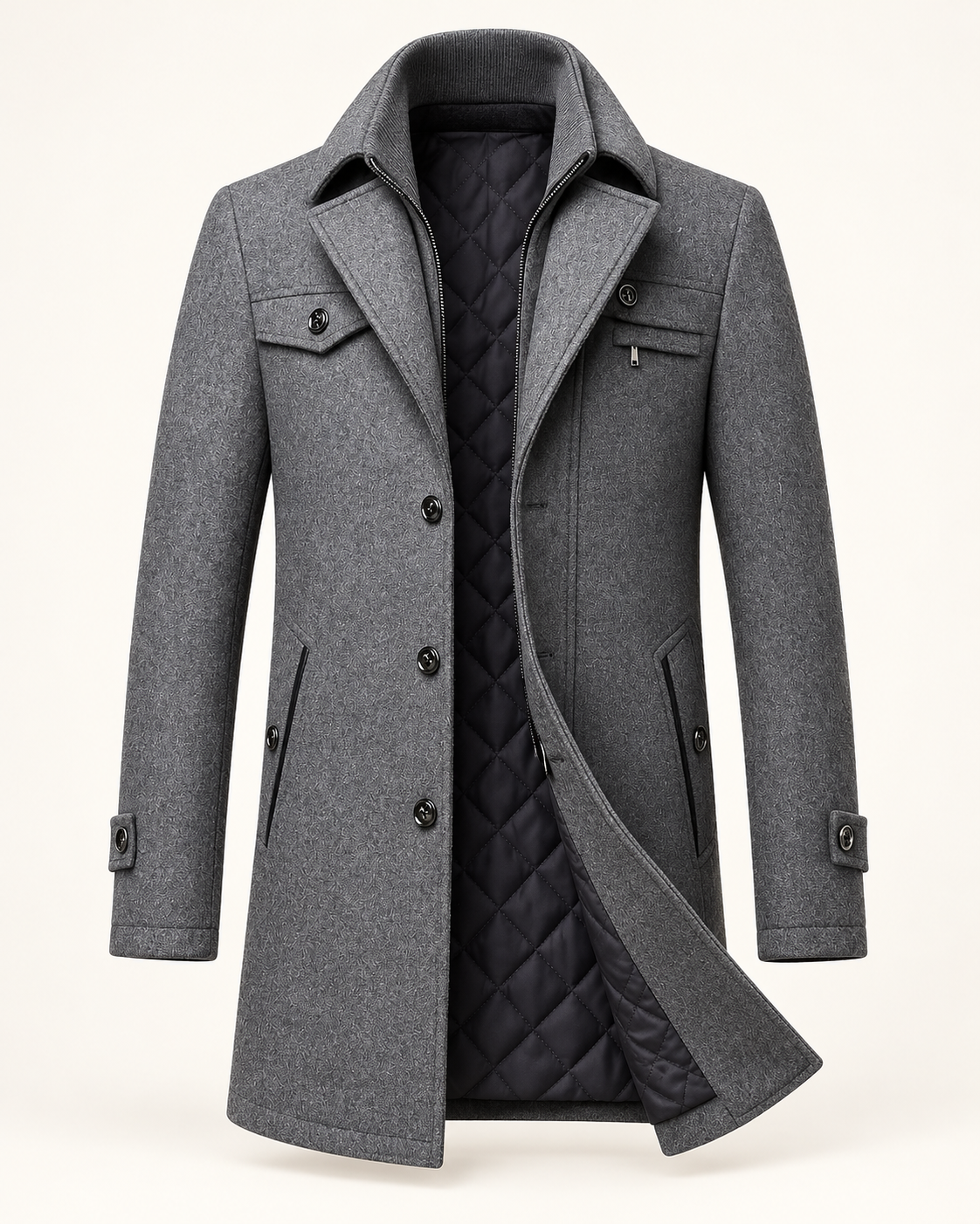 Men's wool overcoat in Grey, ghost mannequin front view