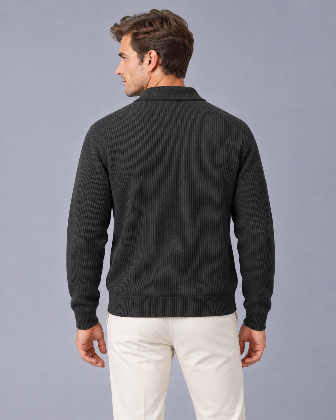 Men's Zip Up Cardigan - Wool Rib Knit Polo Collar Knitted Jacket