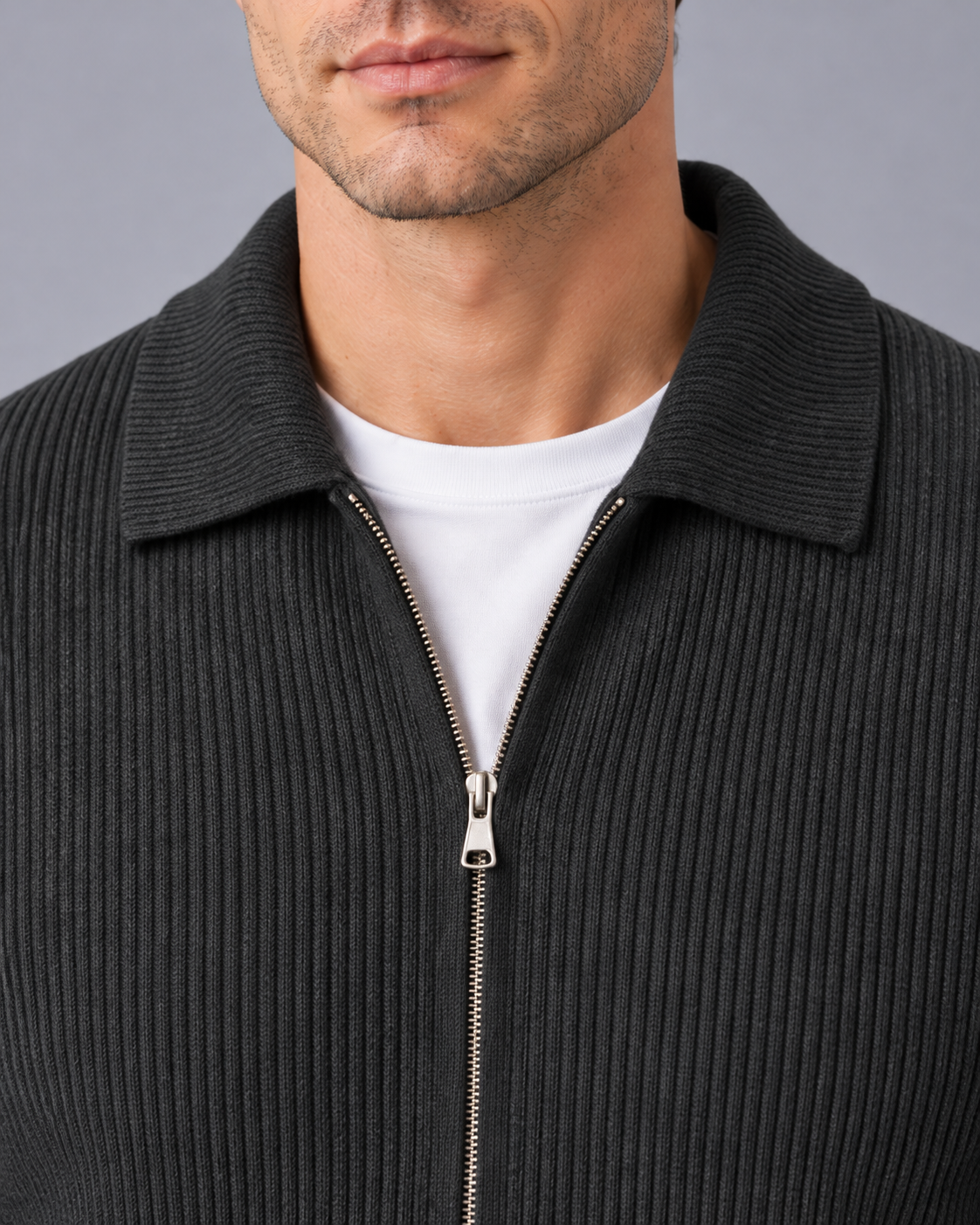 Men's Zip Up Cardigan - Wool Rib Knit Polo Collar Knitted Jacket