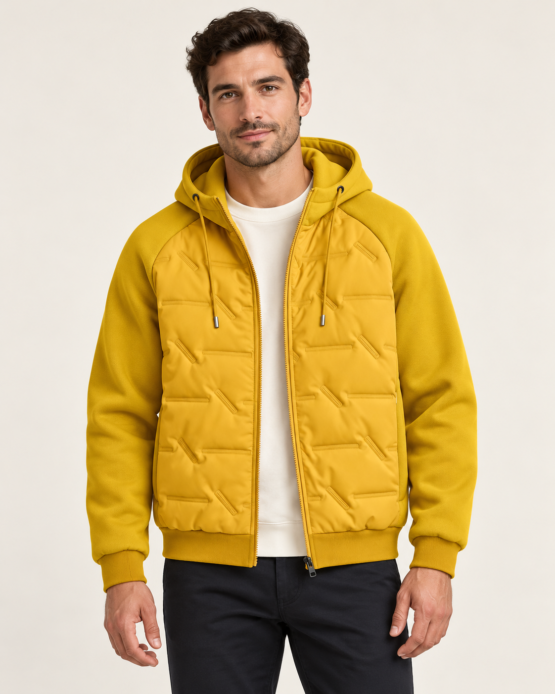 Men's quilted hooded jacket - Yellow - front view