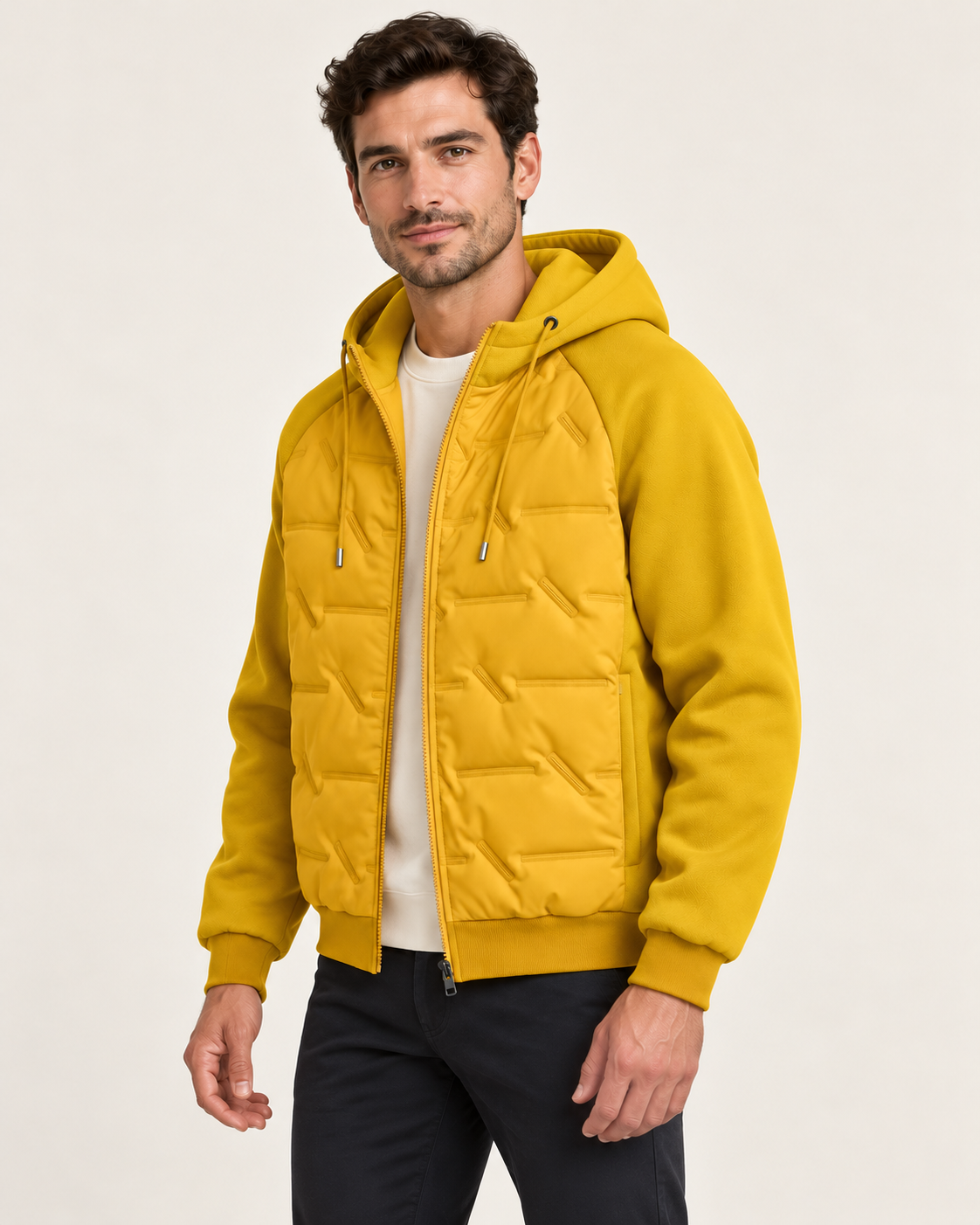 Men's quilted hooded jacket - Yellow - three-quarter view