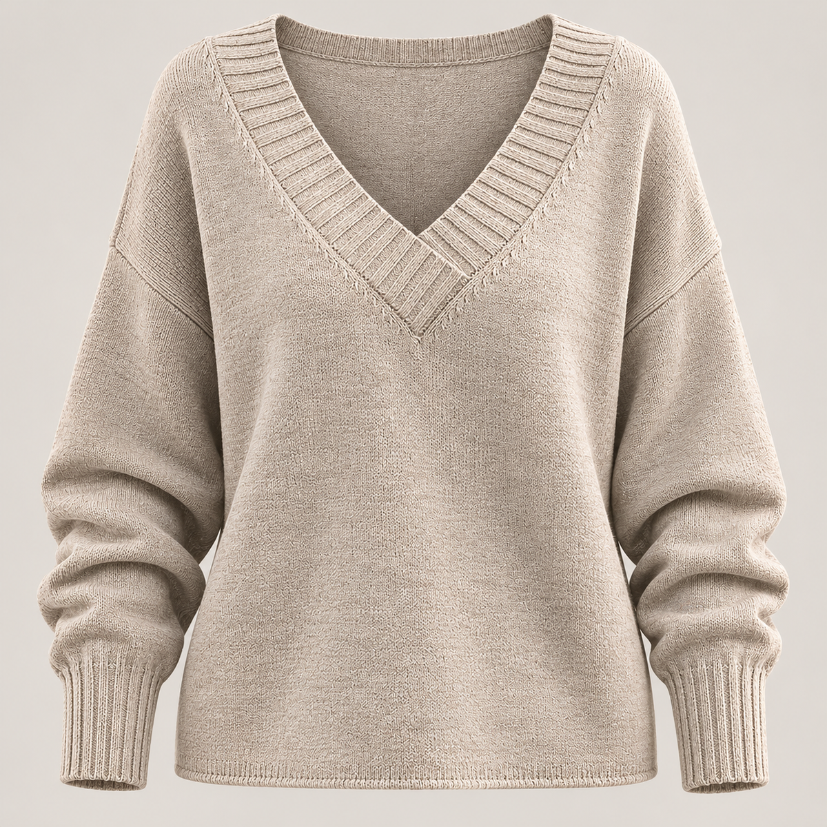 Beige women's V neck knit jumper - front