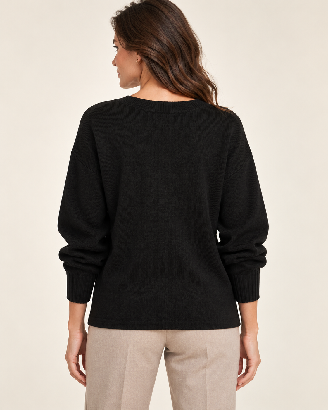 Women's black V neck fine knit jumper on model - 03-back