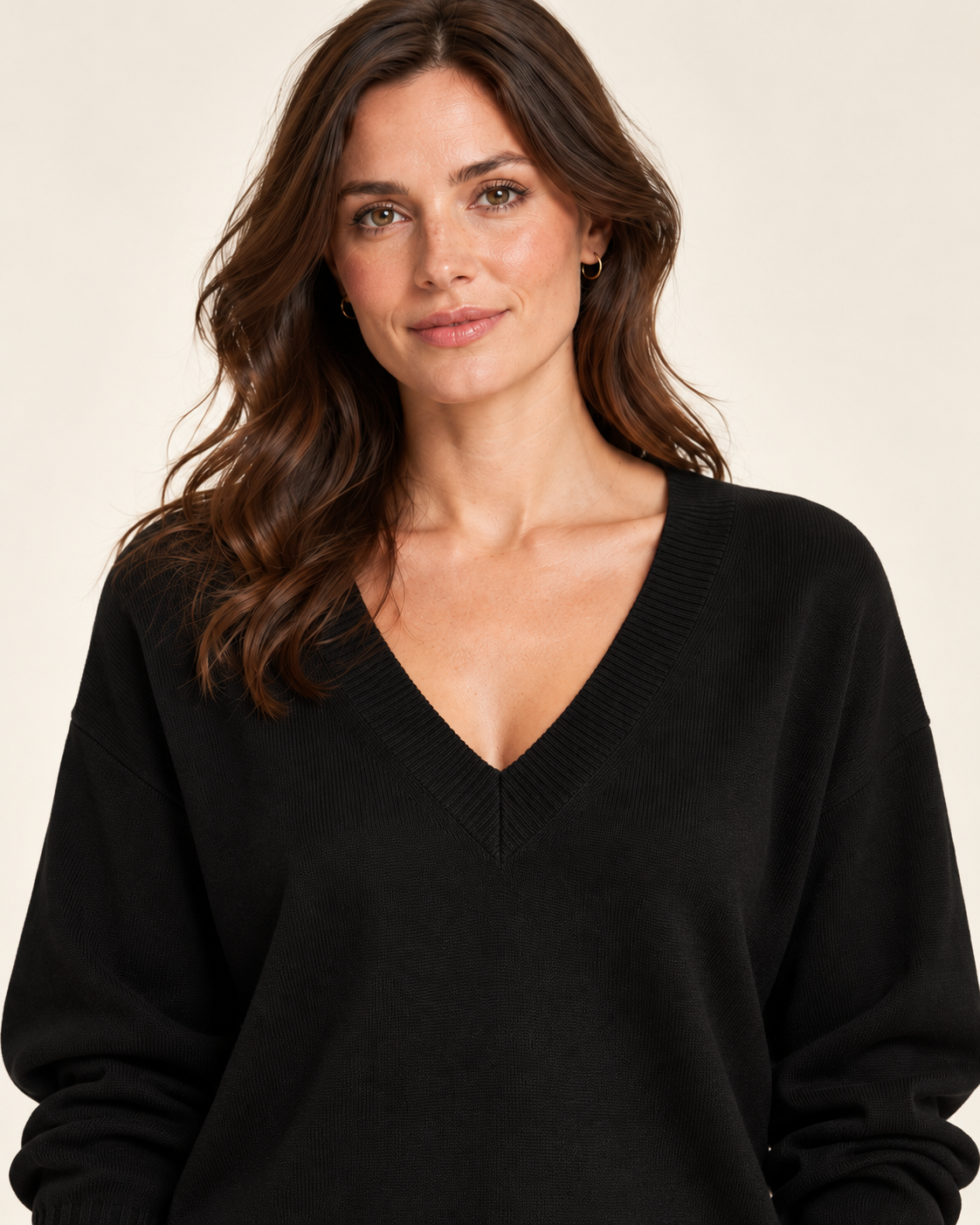 Women's black V neck fine knit jumper on model - 04-closeup