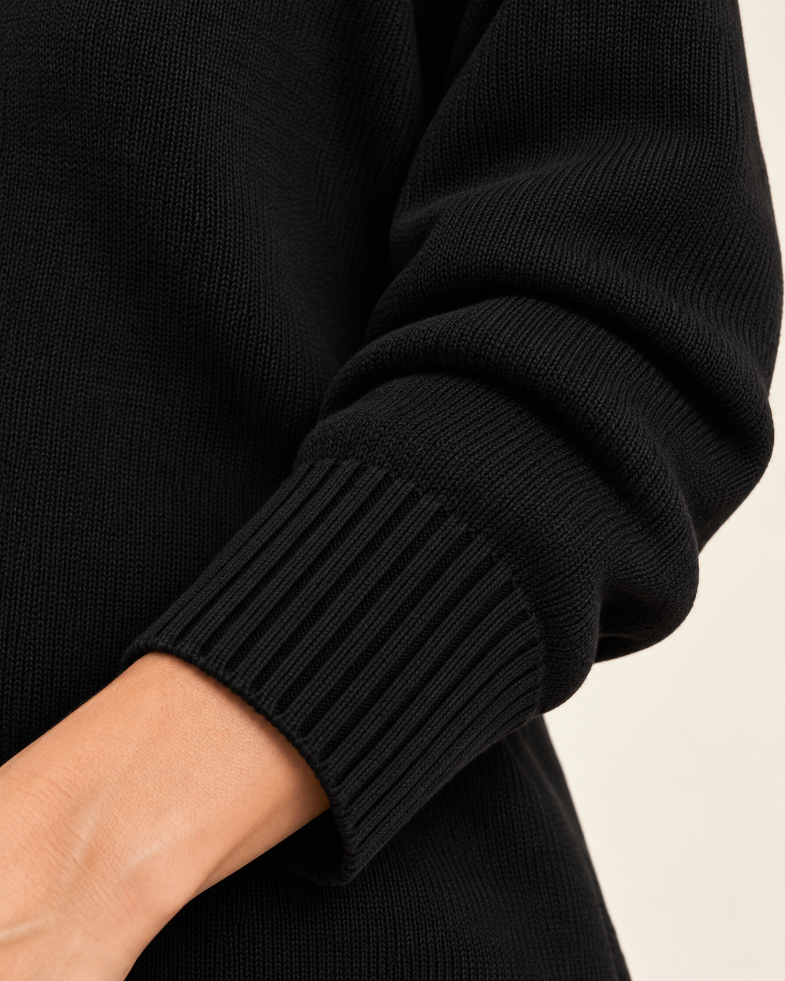 Women's black V neck fine knit jumper on model - 06-detail