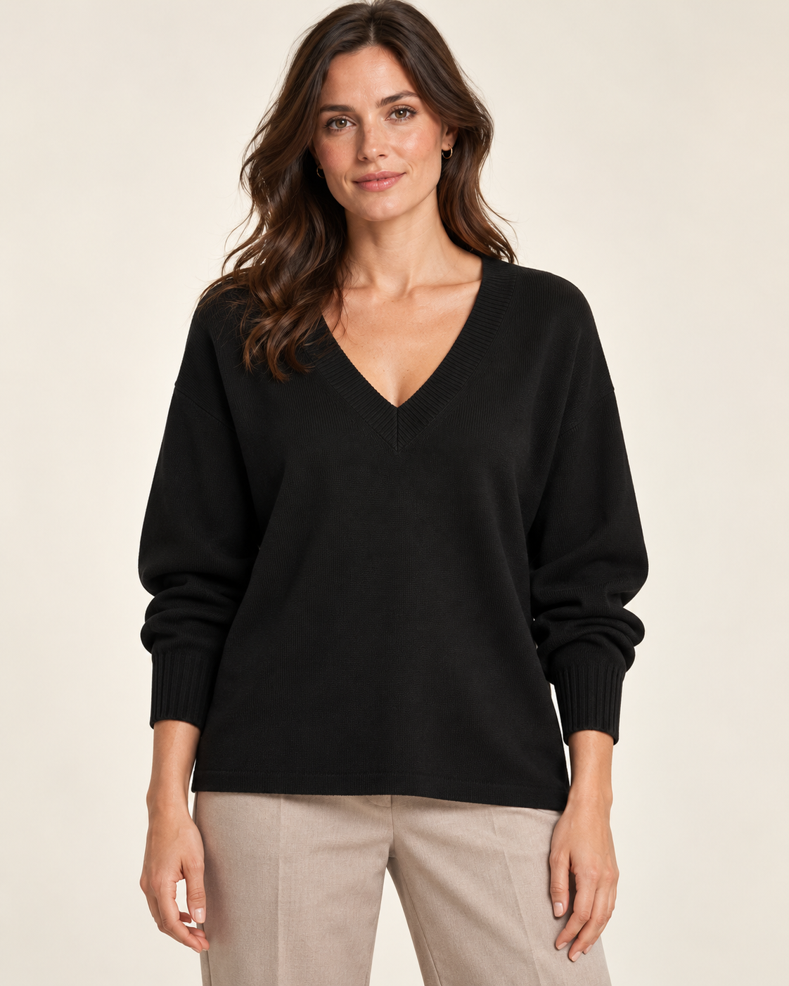 Black V neck fine knit jumper on model - front main image