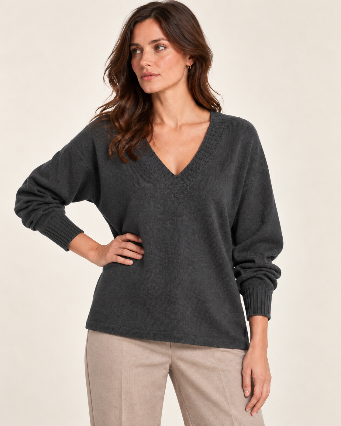Women's Dark Grey V neck fine knit jumper - front on model