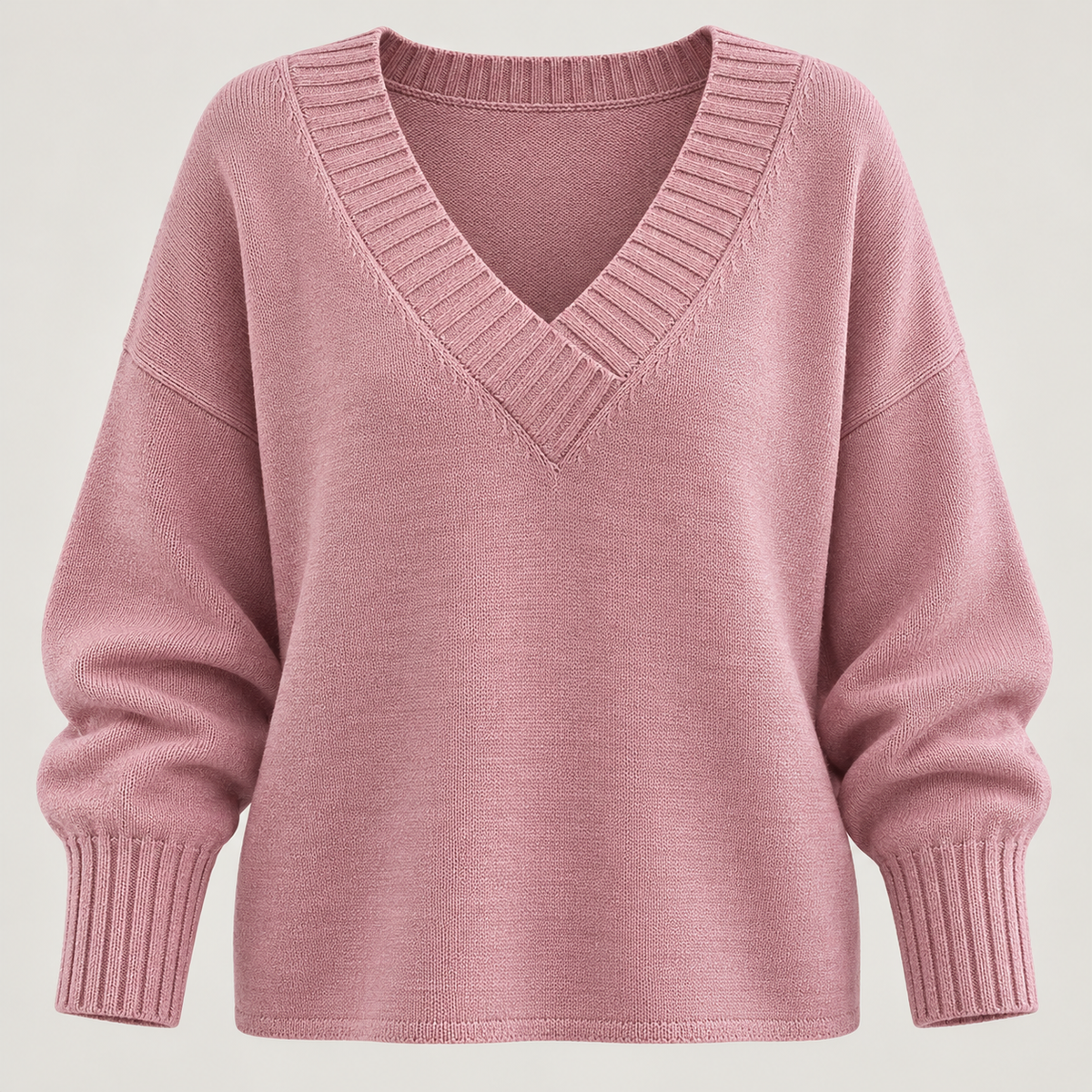 Pink women's V neck knit jumper - front
