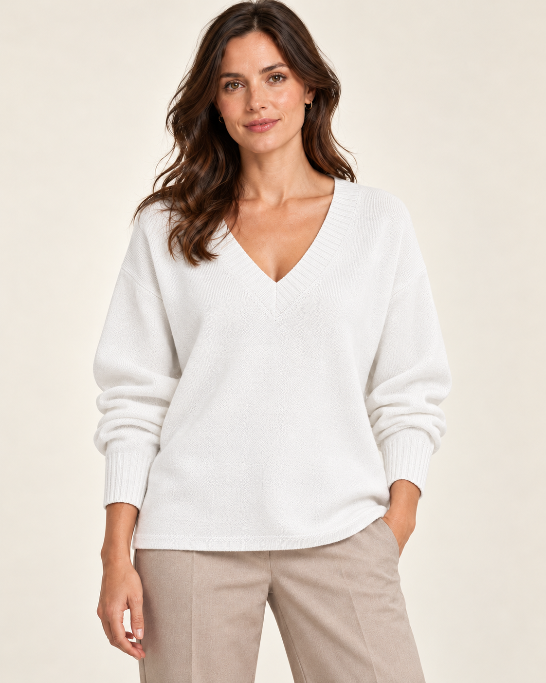 Women's White V neck fine knit jumper - front on model