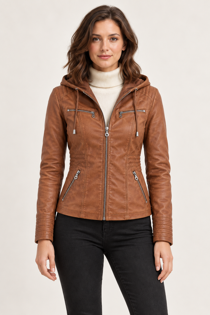Women's hooded biker jacket - Khaki front on model