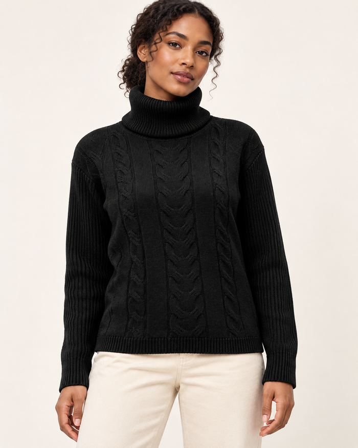 Women's cable knit jumper in black, front view