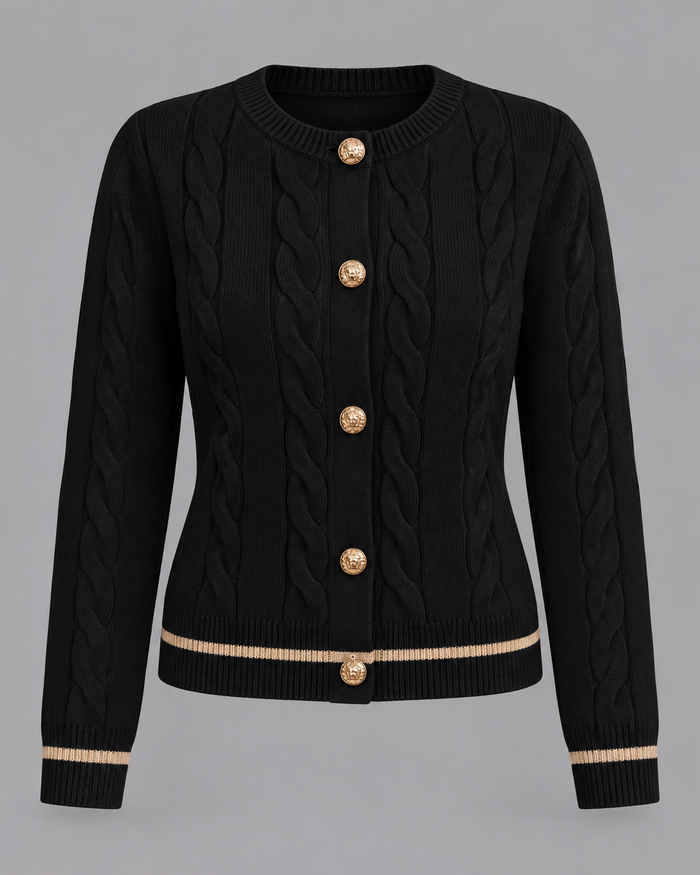 Women's Cable Knit Cardigan - Cropped Gold Button Contrast Stripe
