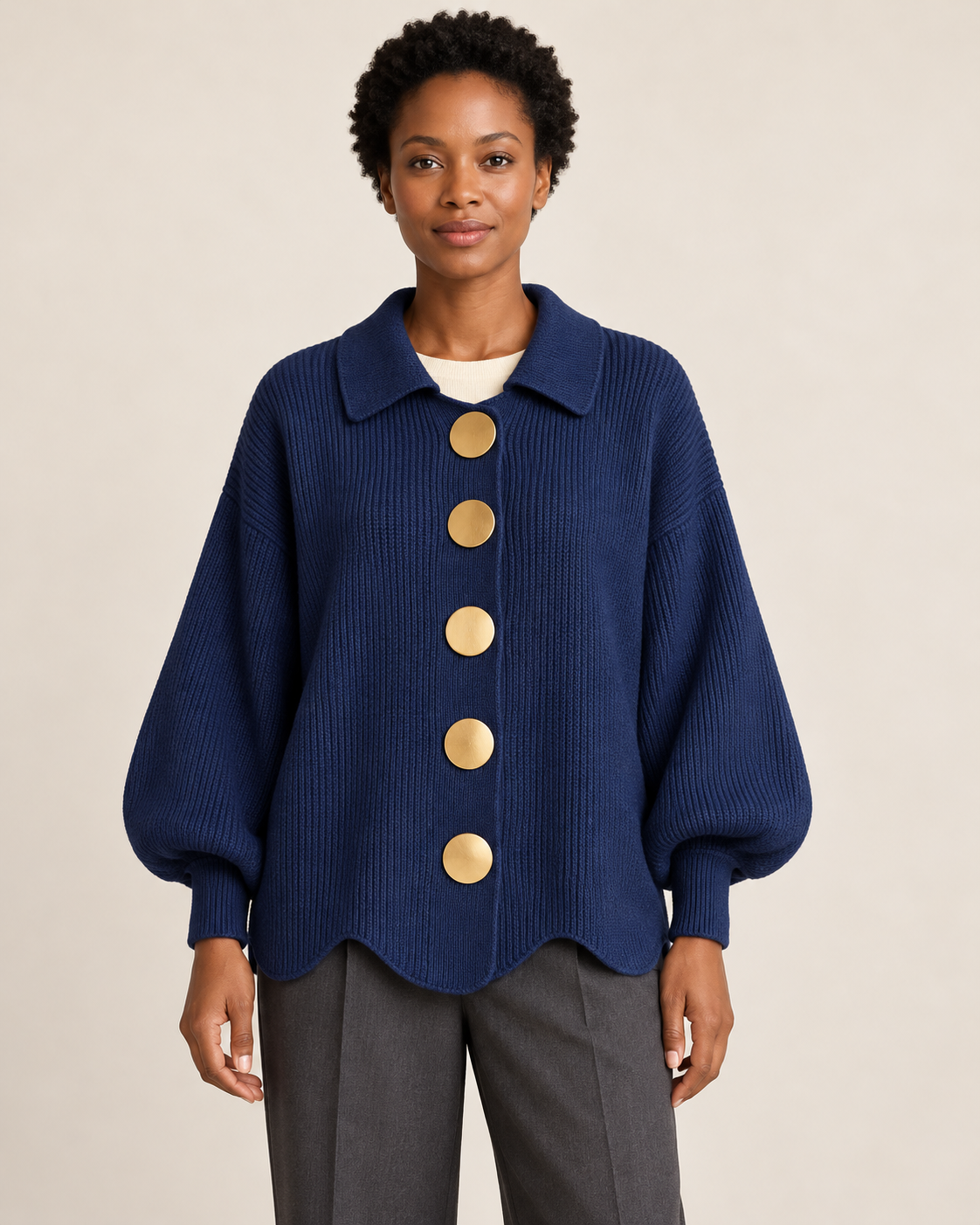 Women's collared cardigan in navy blue, front view