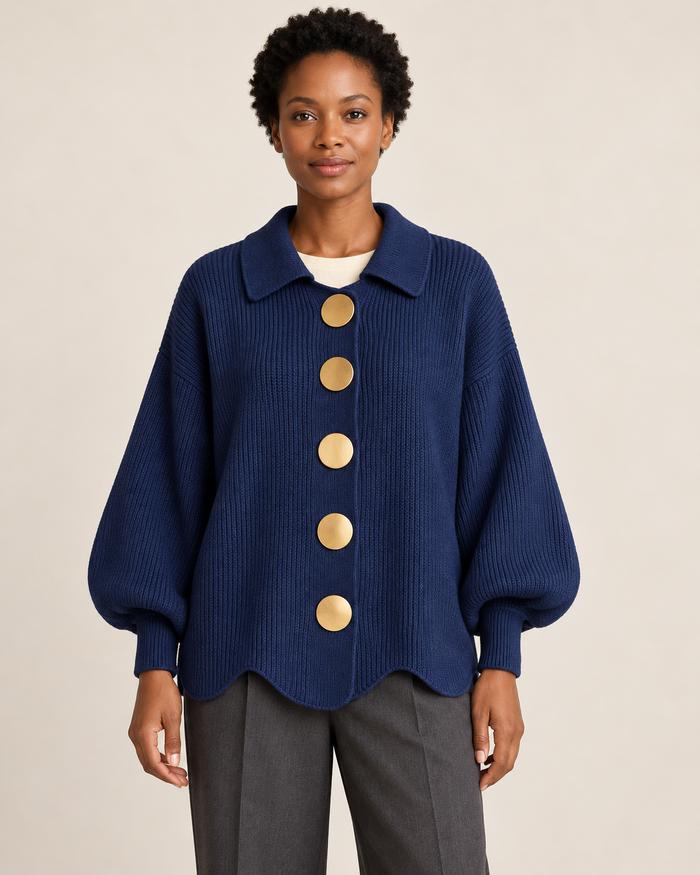 Women's collared cardigan in navy blue, front view