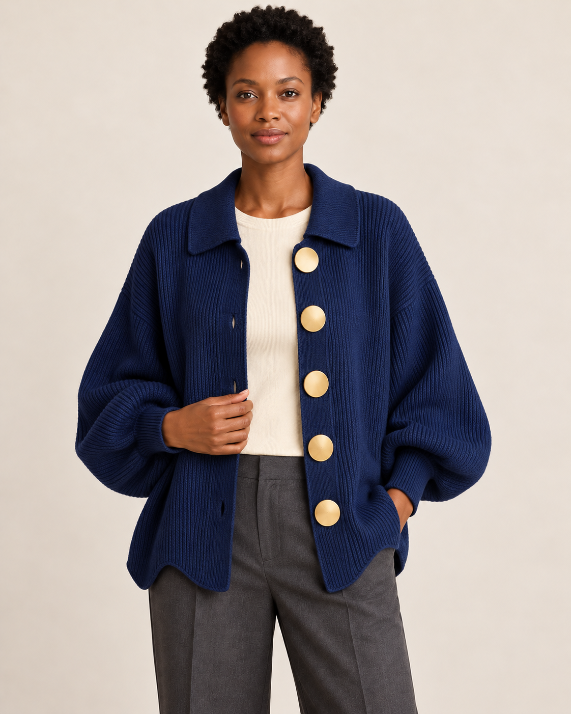 Women's collared cardigan in navy blue, styling view