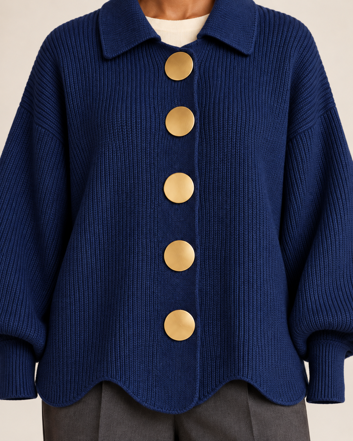 Women's collared cardigan in navy blue, fabric detail view