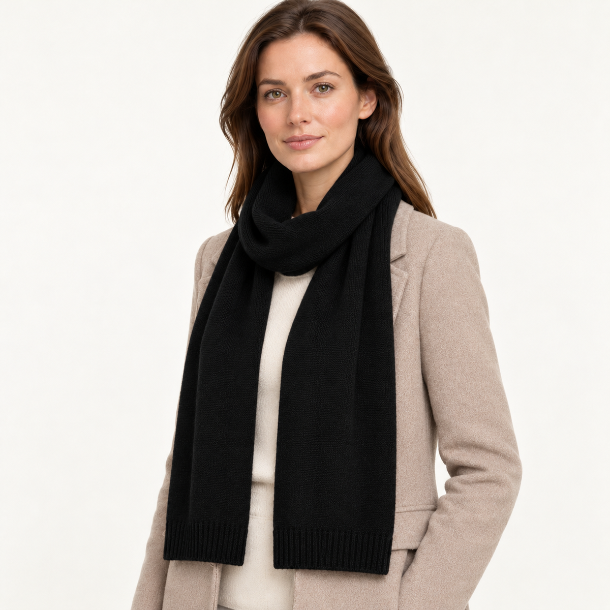 Women's cashmere scarf worn on model – 02-three-quarter