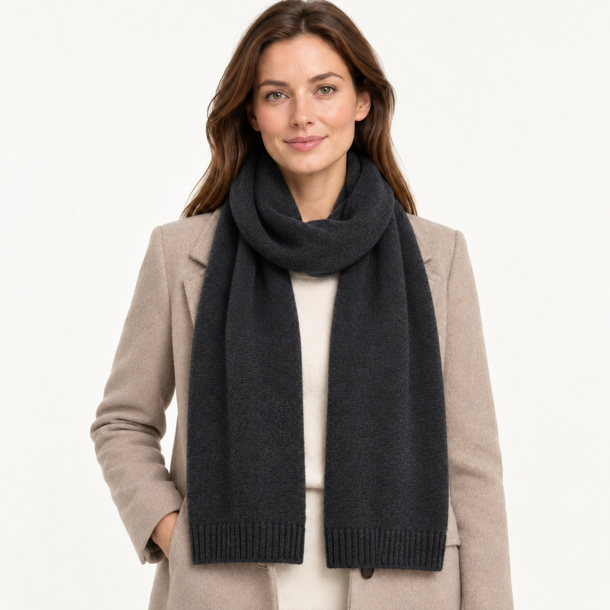 Women's cashmere scarf worn on model – 07-dark-grey