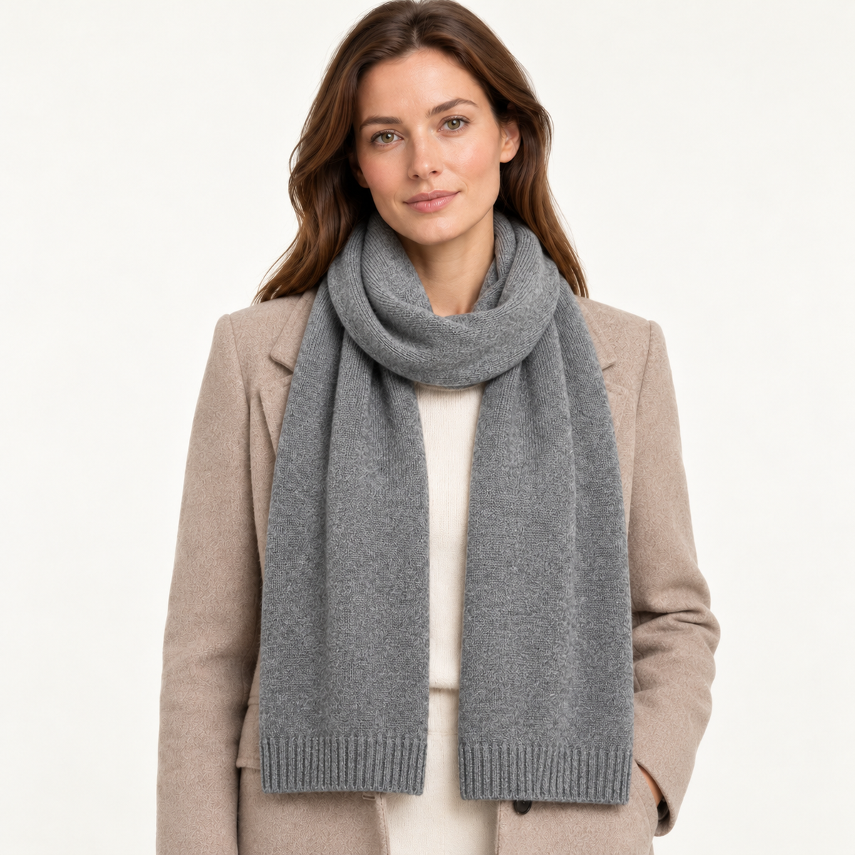 Women's cashmere scarf worn on model – 08-light-grey