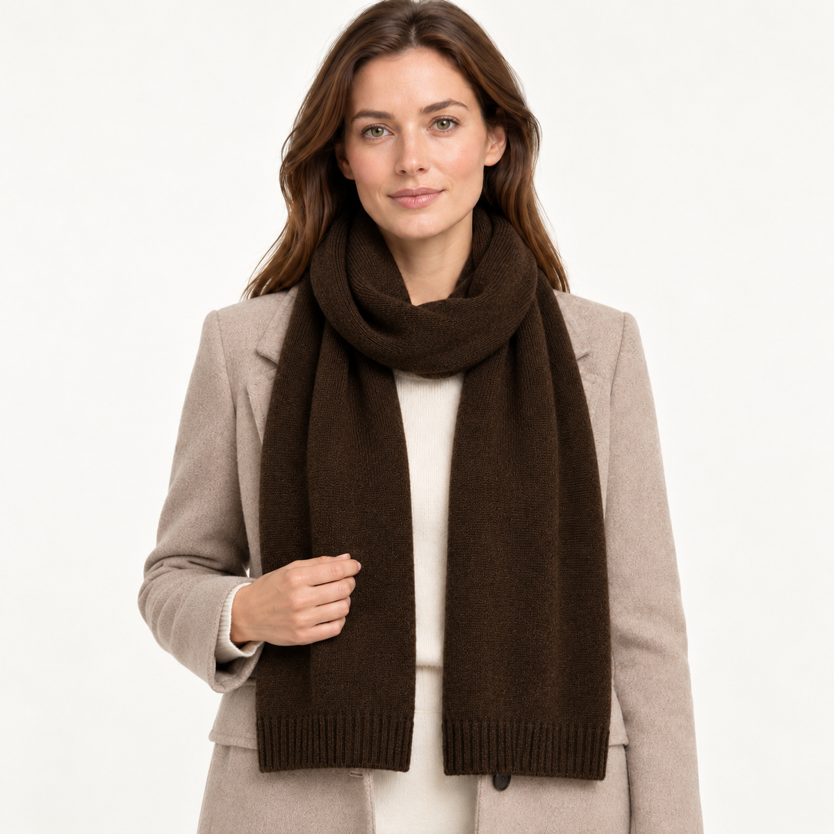 Women's cashmere scarf worn on model – 09-dark-brown