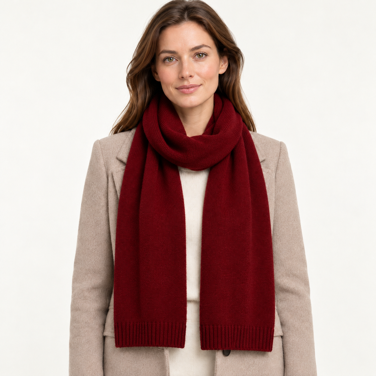 Women's cashmere scarf worn on model – 10-red