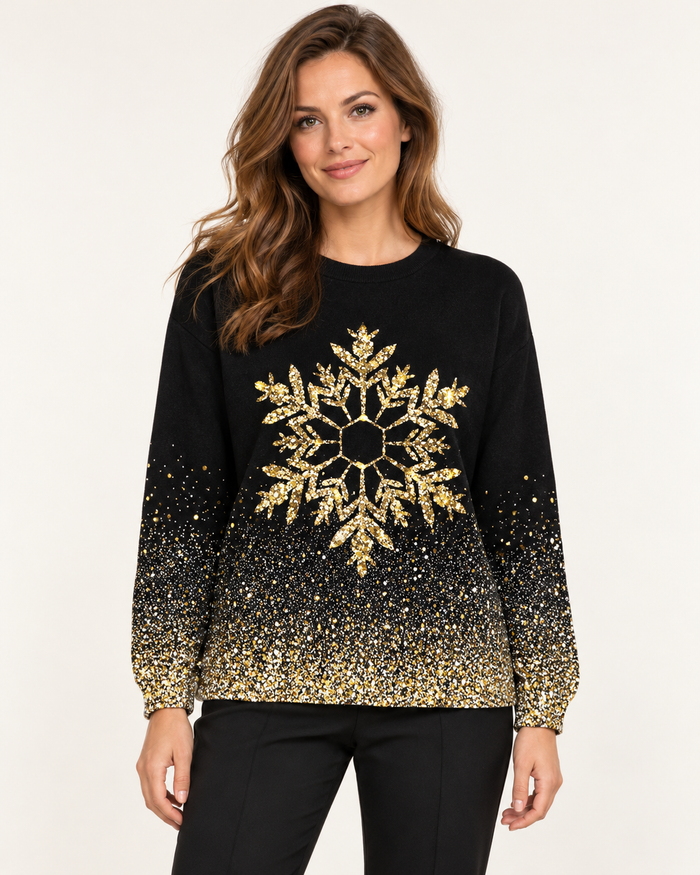 Women's gold snowflake jumper in black multicolour, model view