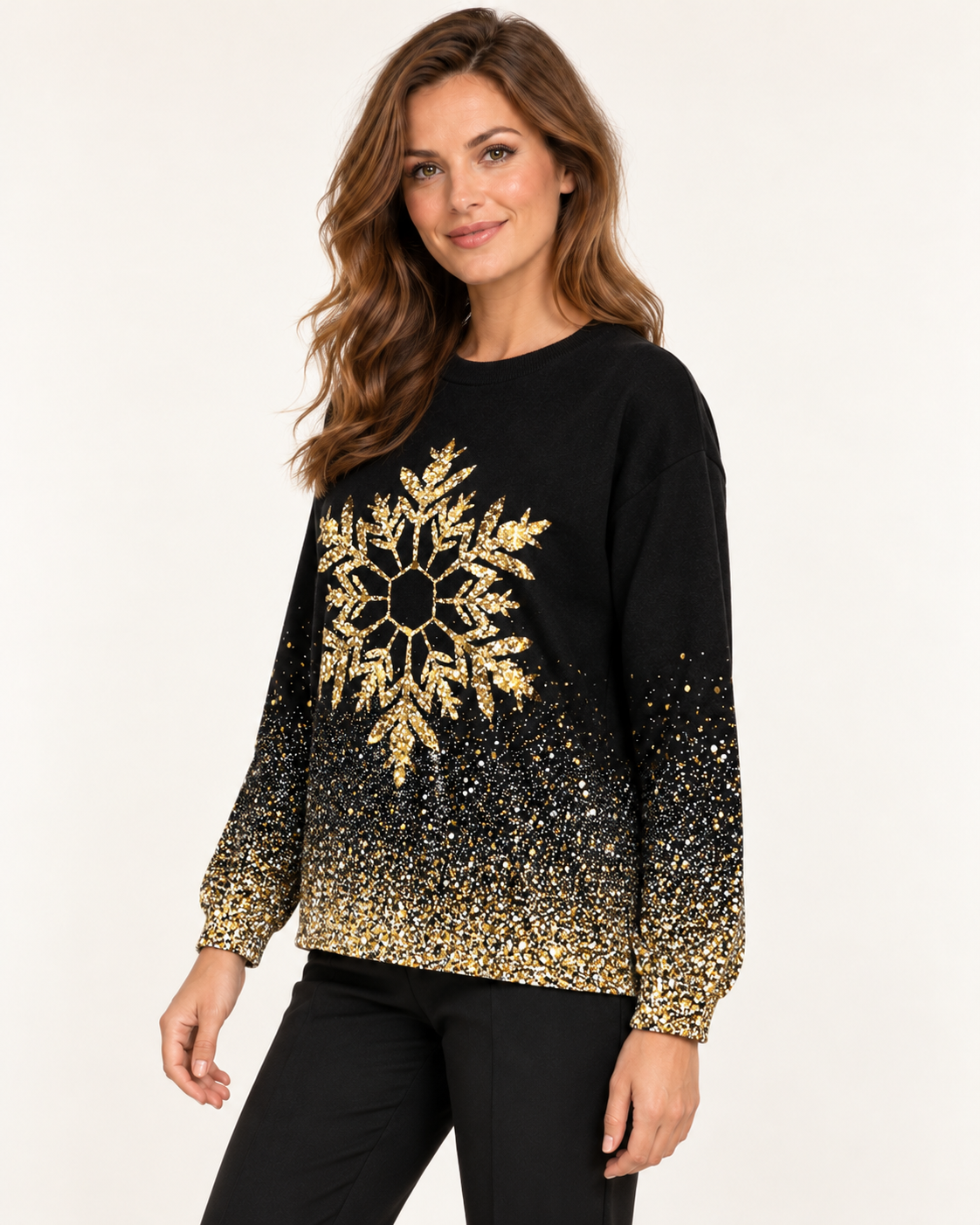 Women's gold snowflake jumper in black multicolour, model view