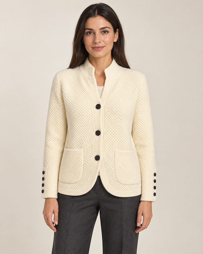Women's chunky knit cardigan in white, front view
