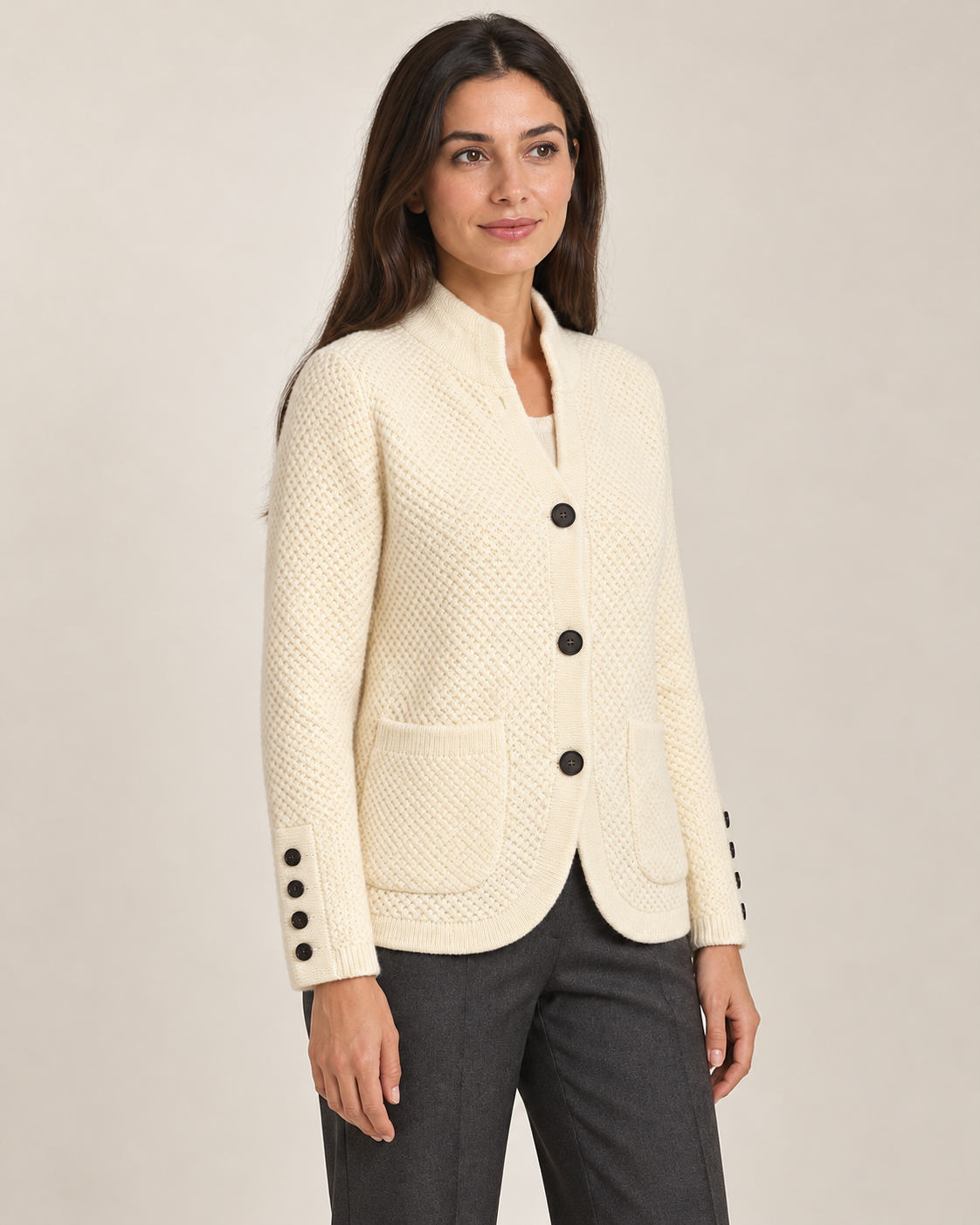 Women's chunky knit cardigan in white, three-quarter view