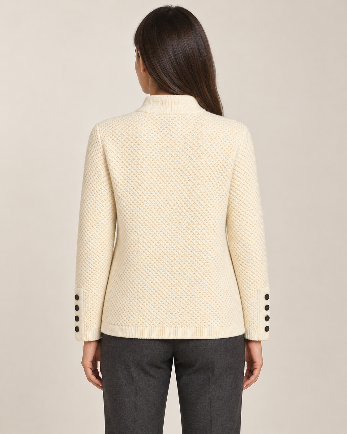 Women's chunky knit cardigan in white, back view