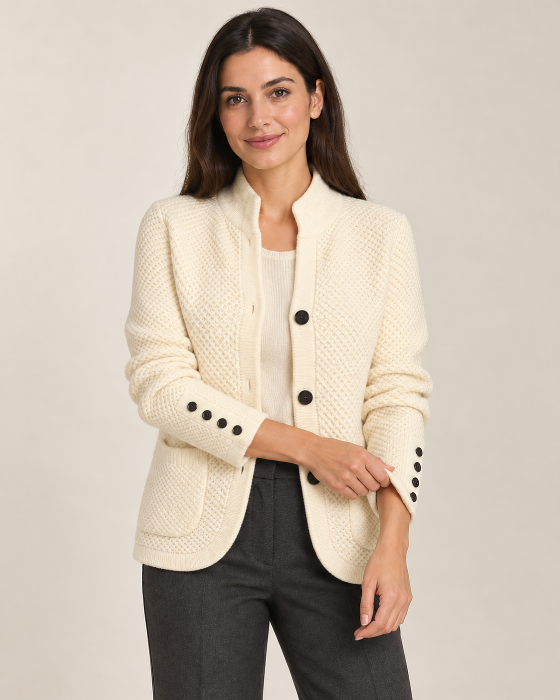 Women's chunky knit cardigan in white, styling view