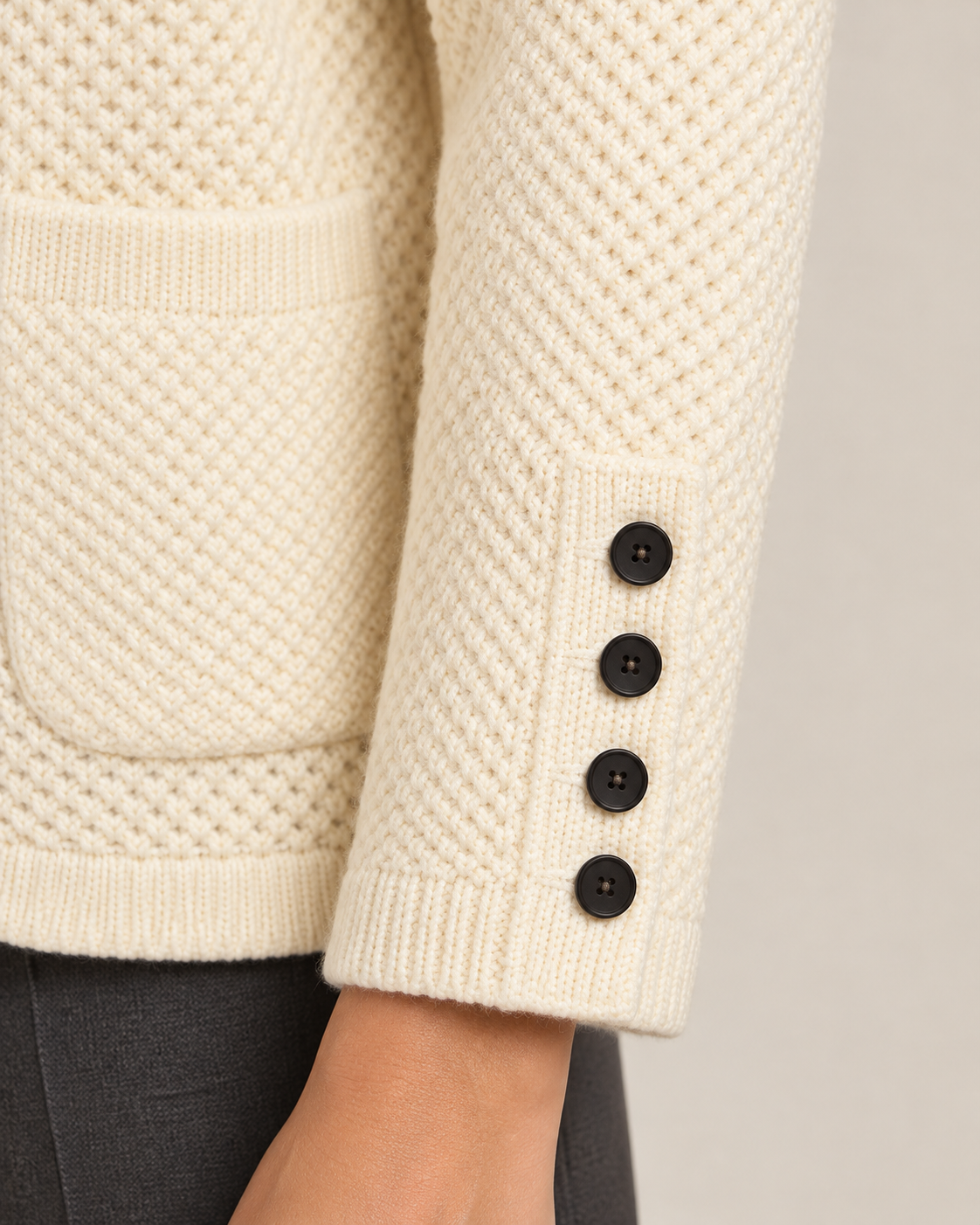 Women's chunky knit cardigan in white, fabric detail view
