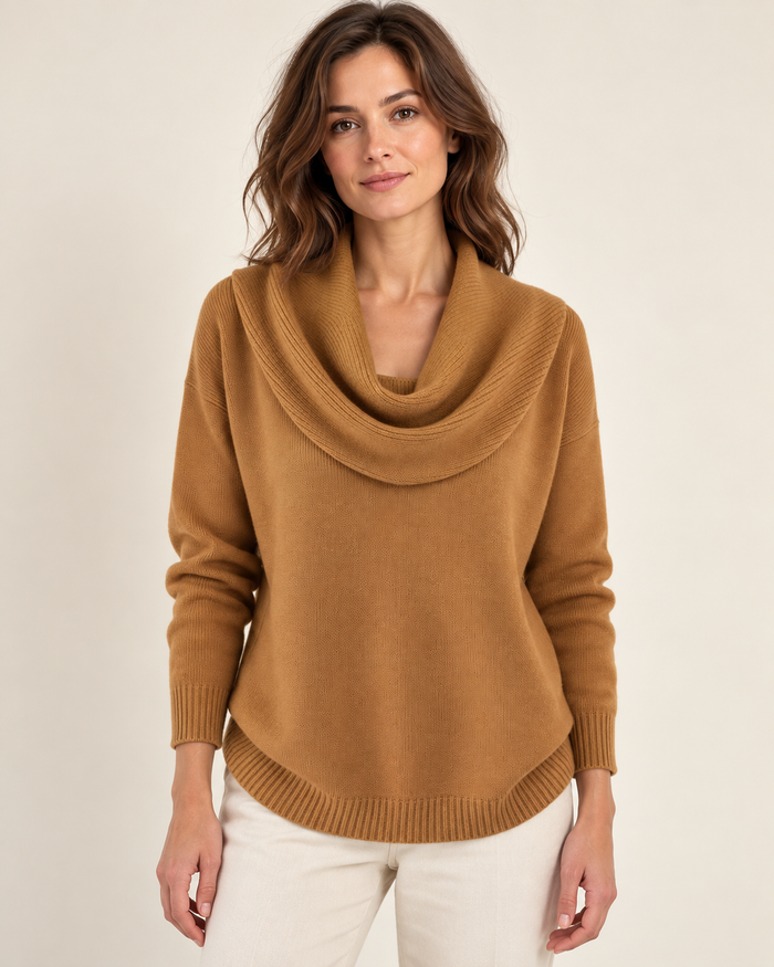 Women's cowl neck jumper in brown, front view