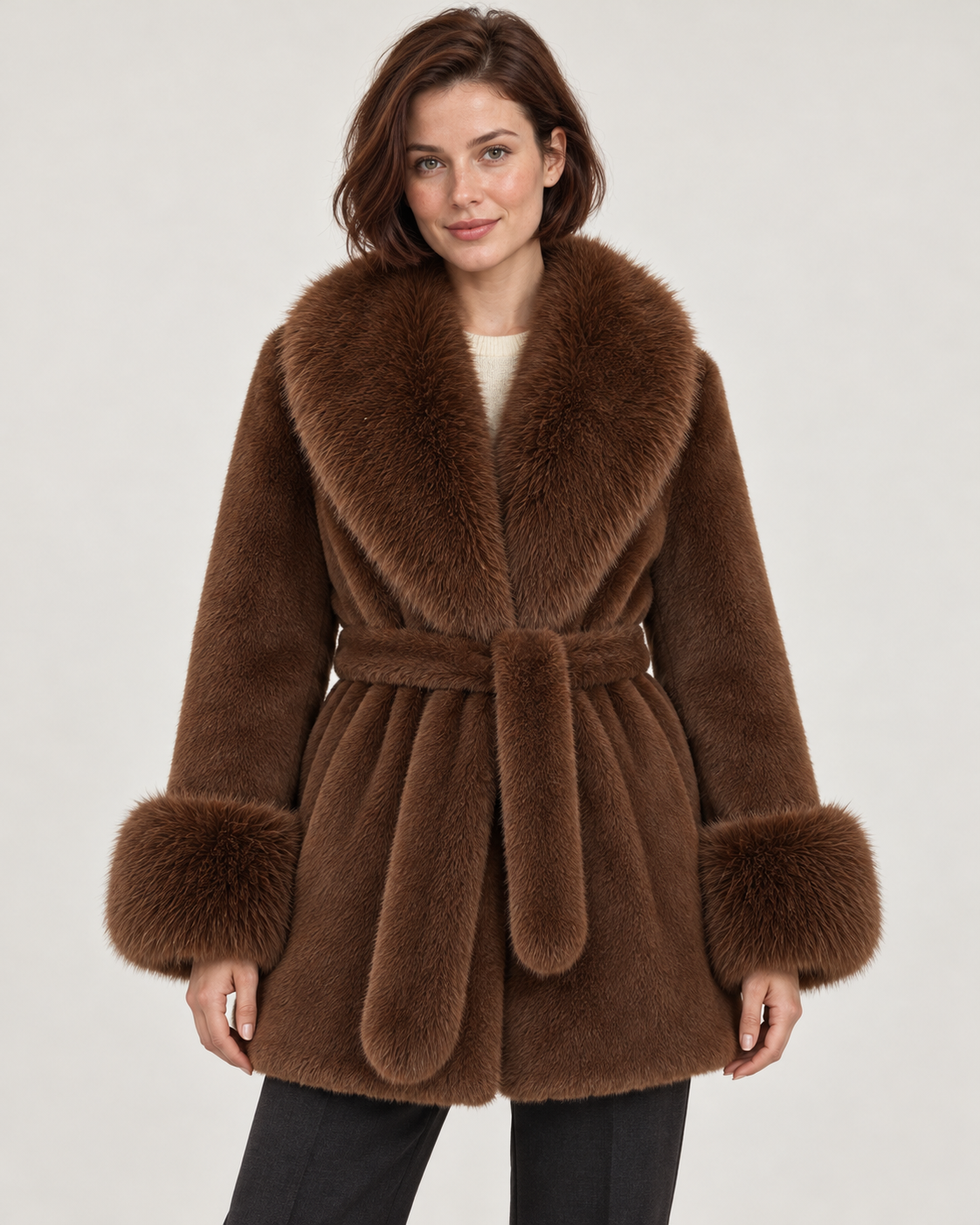 Women's faux fur coat in brown, front view