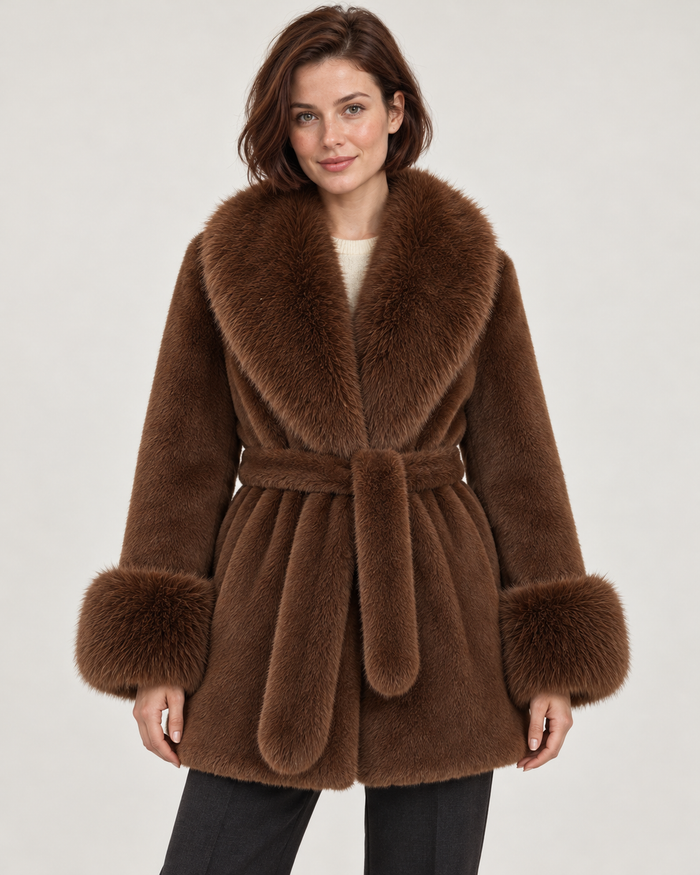Women's faux fur coat in brown, front view