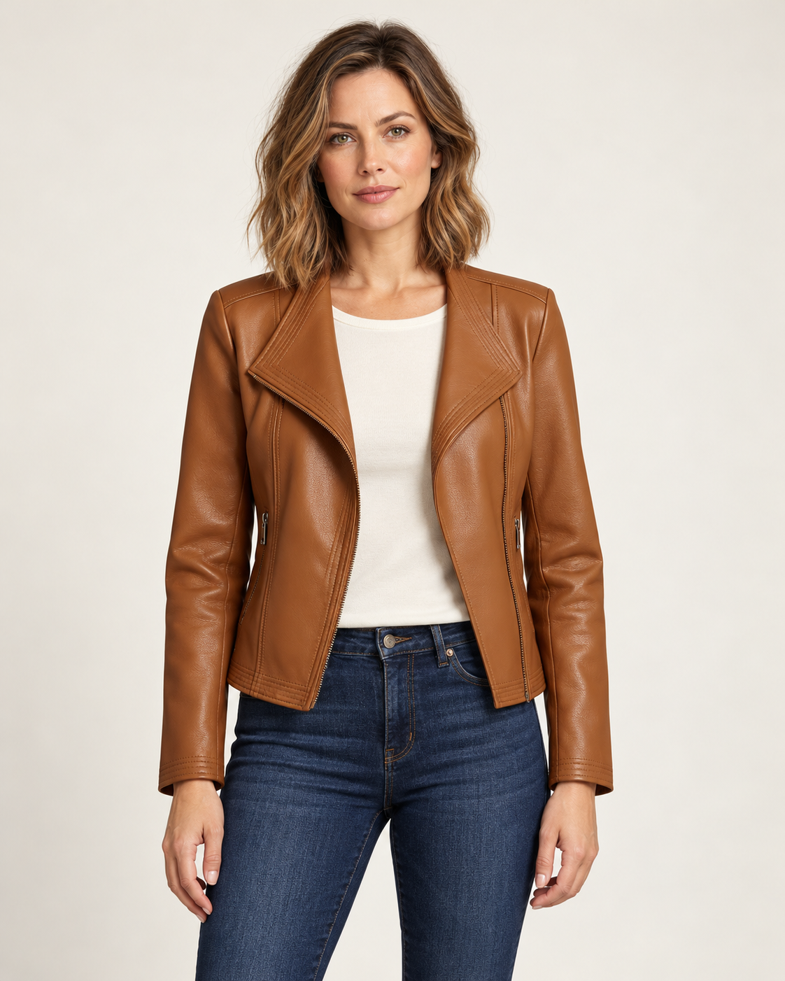 Women's faux leather jacket in brown, front view