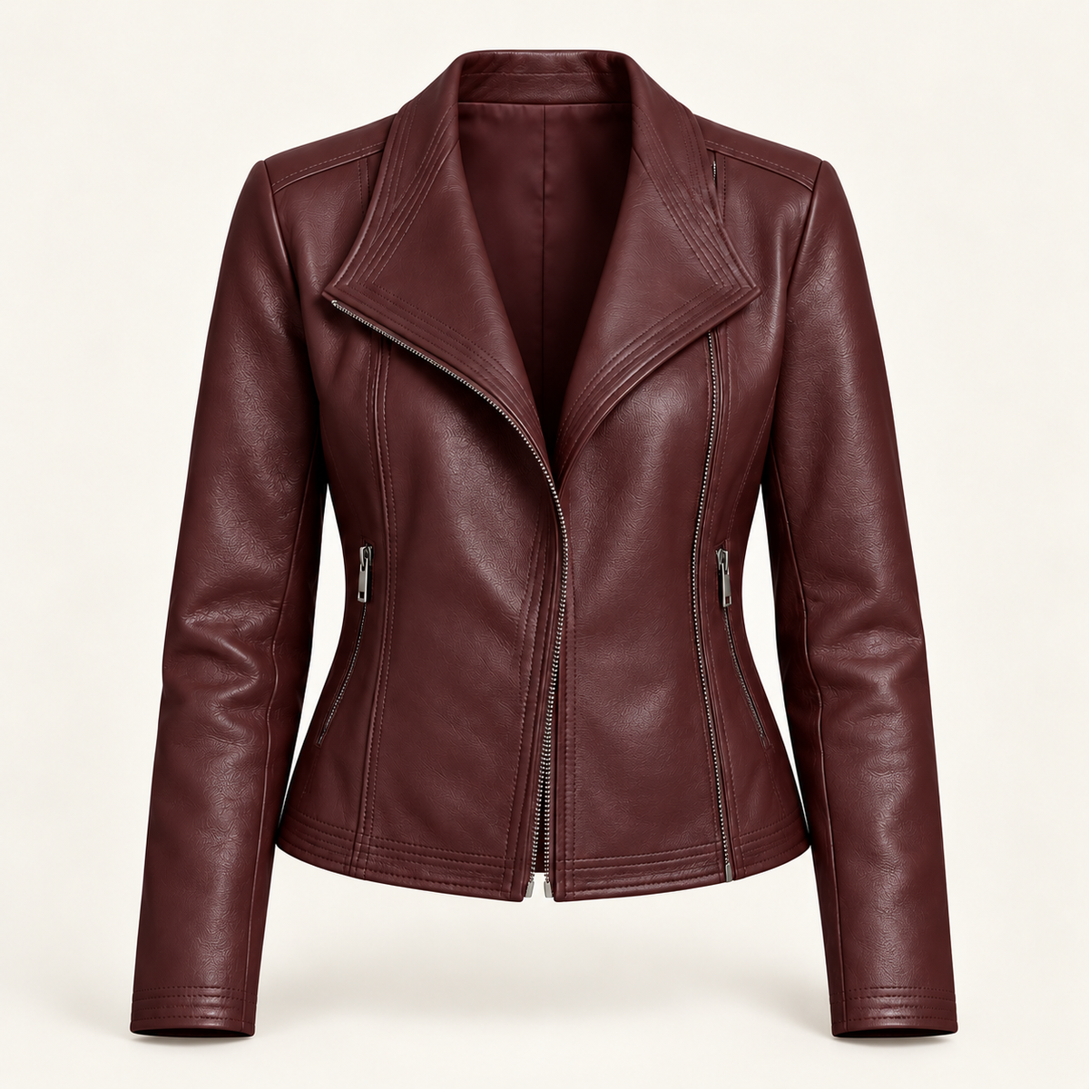 Women's faux leather jacket in maroon, product view
