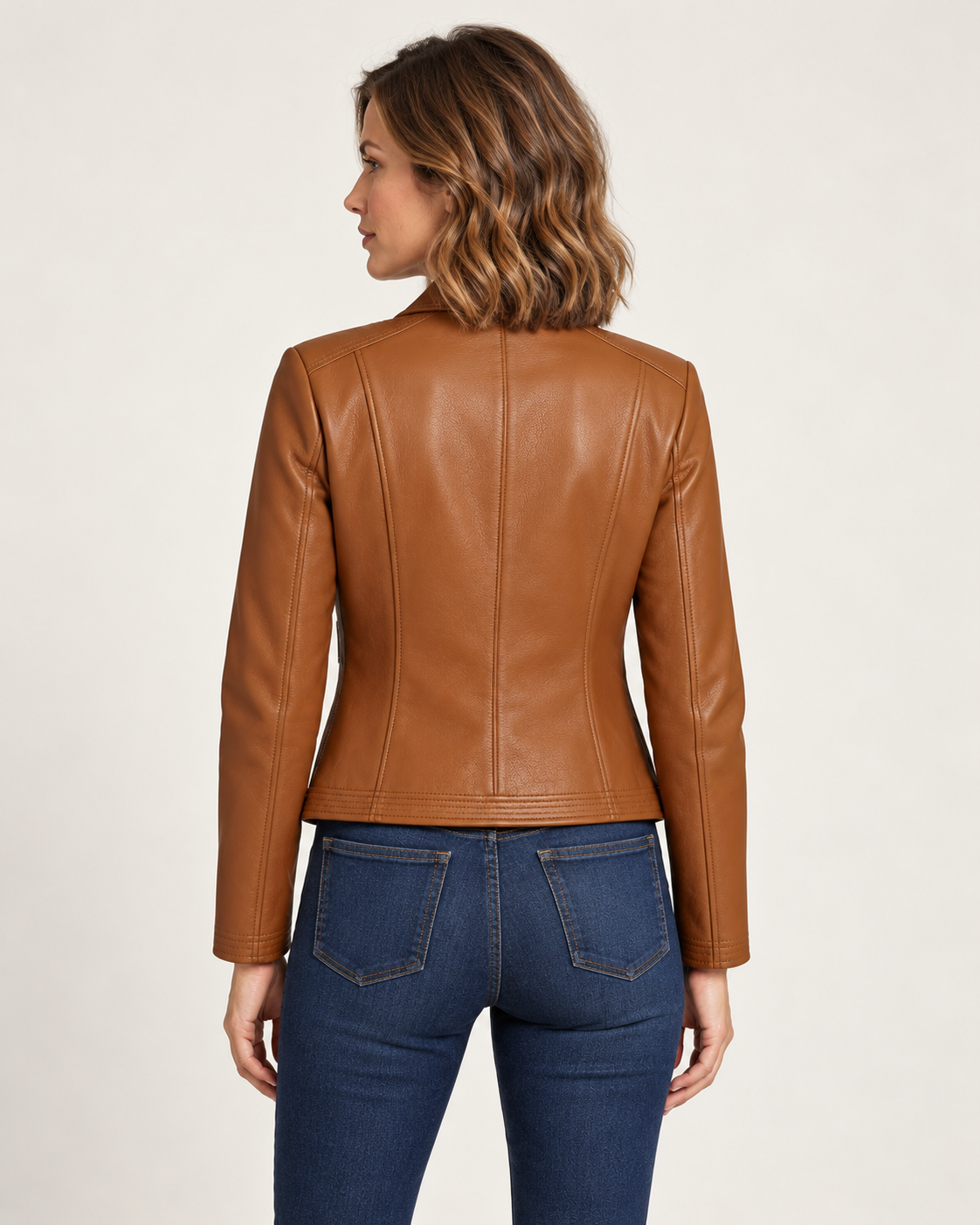 Women's faux leather jacket in brown, back view