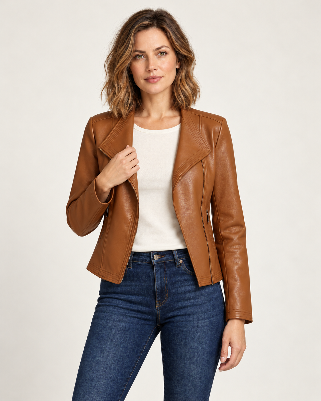 Women's faux leather jacket in brown, open styling view