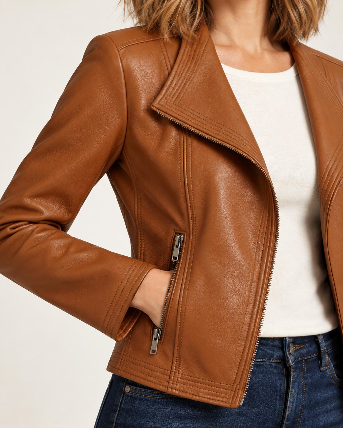 Women's faux leather jacket in brown, pocket and cuff detail