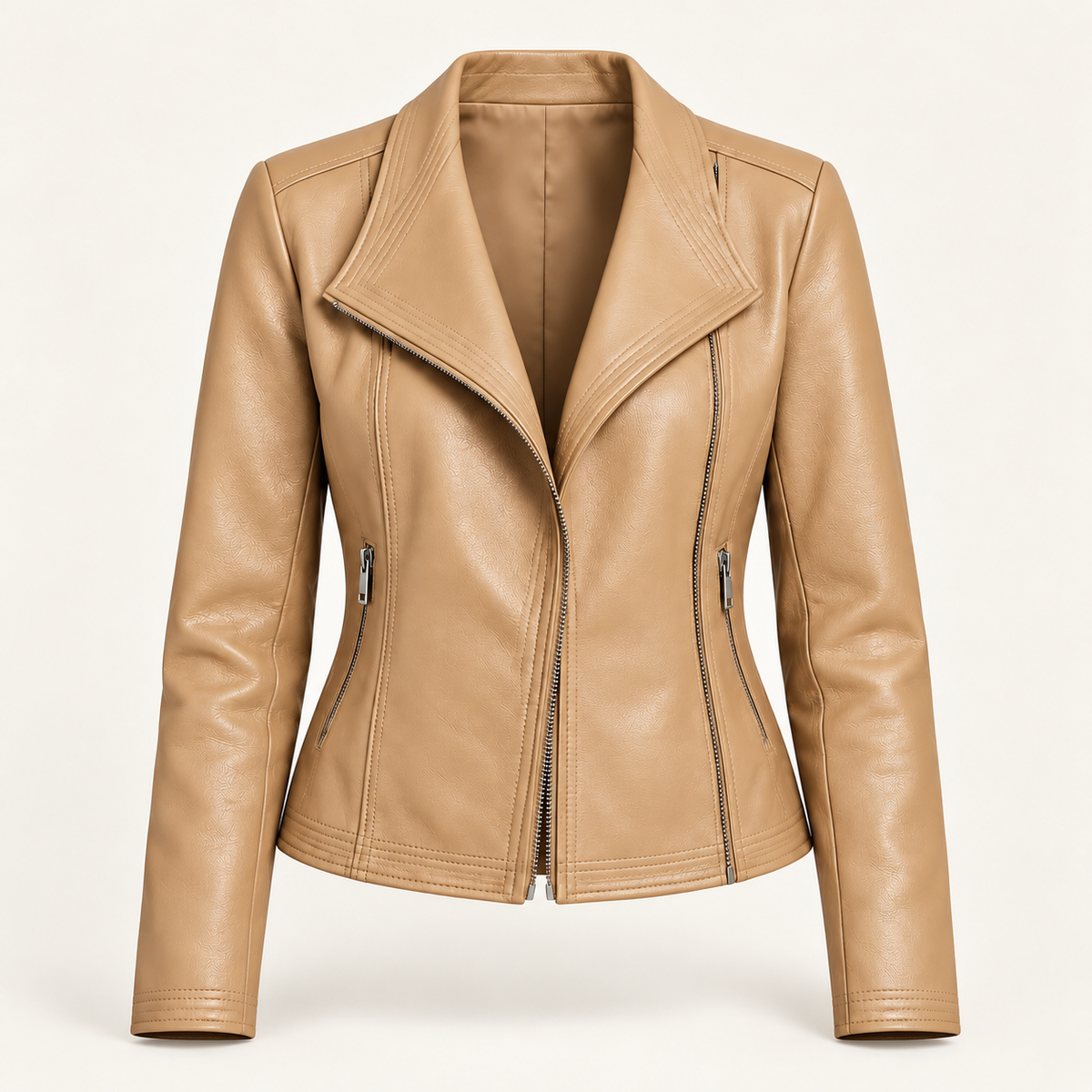 Women's faux leather jacket in beige, product view
