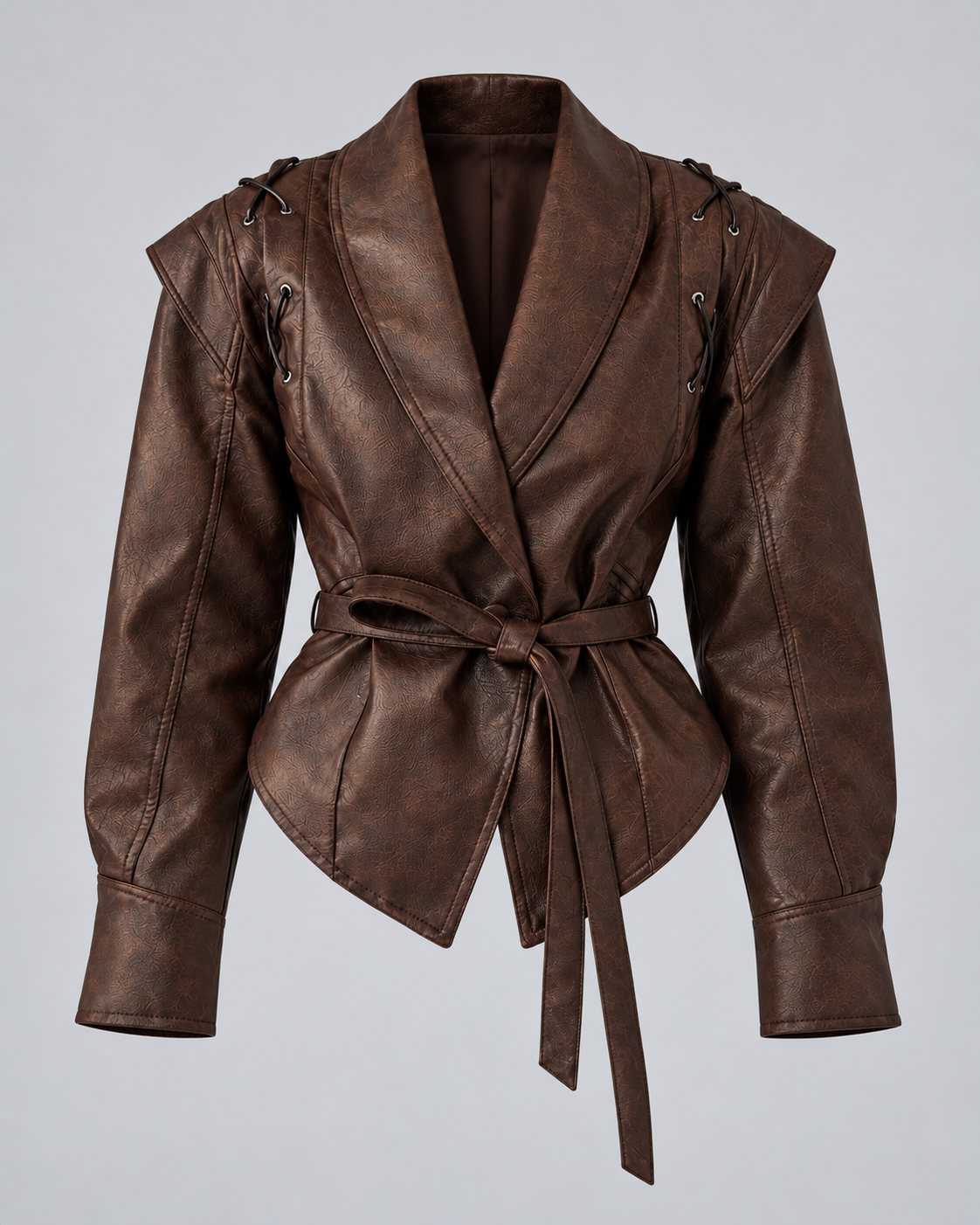 Women's Faux Leather Jacket - Wrap Belted Shawl Collar Lace Up
