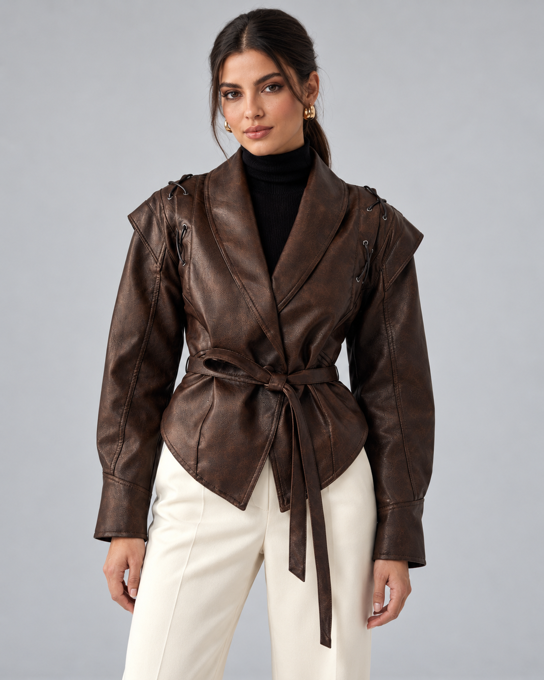 Women's Faux Leather Jacket - Wrap Belted Shawl Collar Lace Up