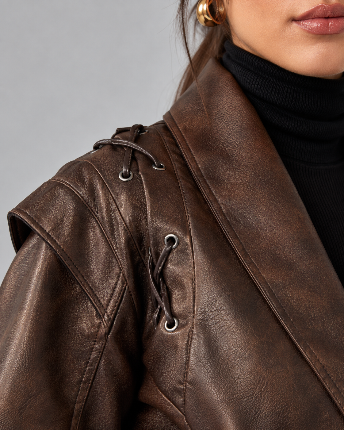 Women's Faux Leather Jacket - Wrap Belted Shawl Collar Lace Up