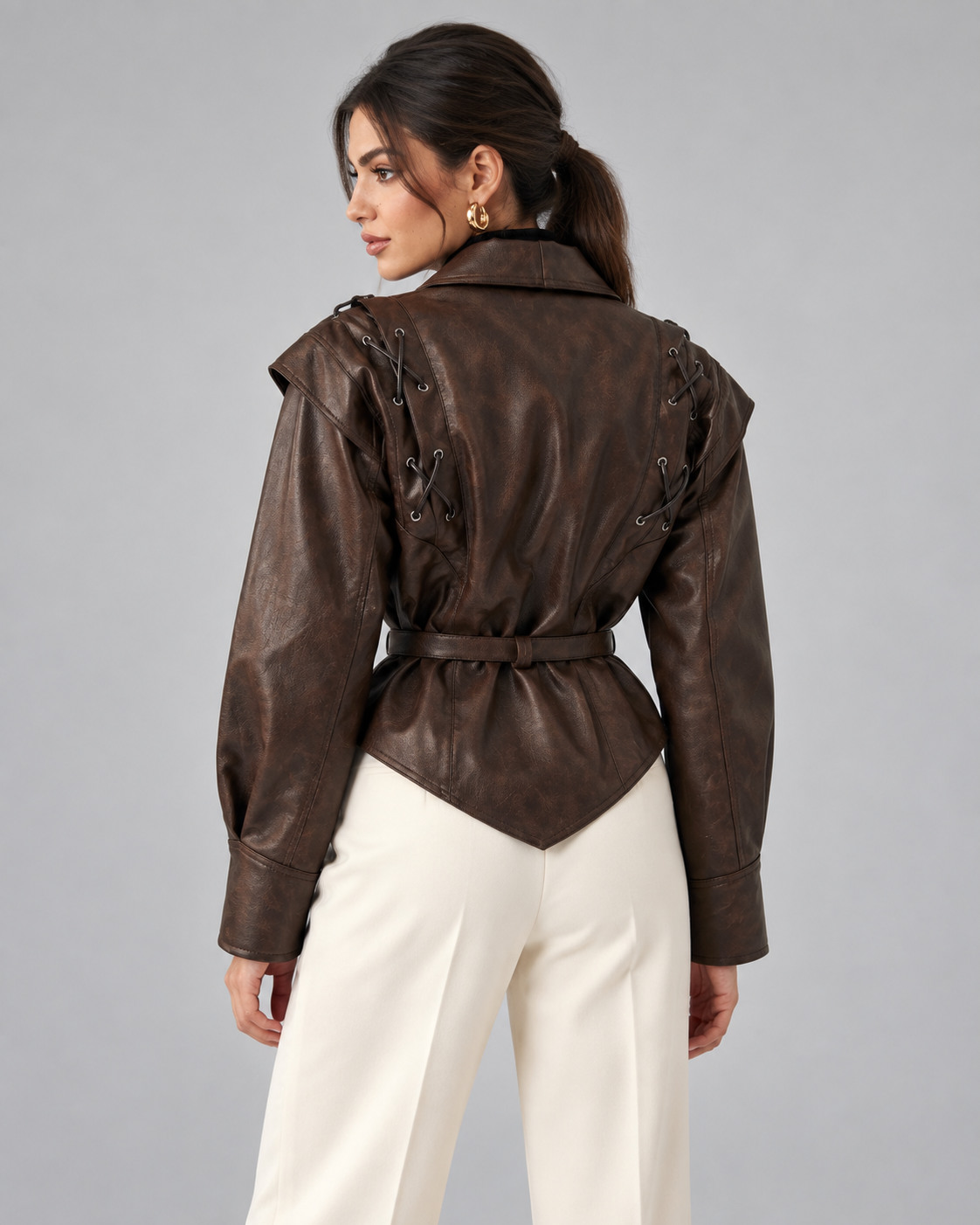 Women's Faux Leather Jacket - Wrap Belted Shawl Collar Lace Up