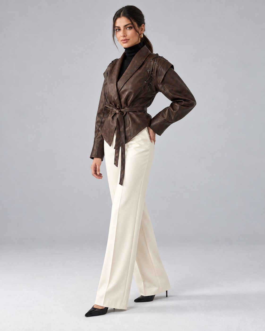 Women's Faux Leather Jacket - Wrap Belted Shawl Collar Lace Up