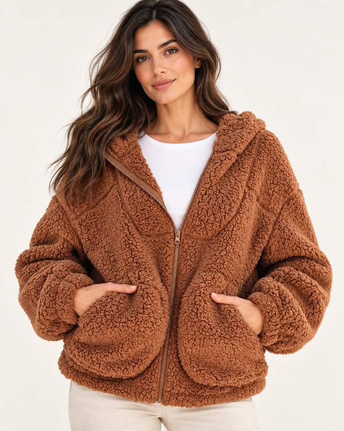 Women's hooded teddy fleece jacket in brown, front view