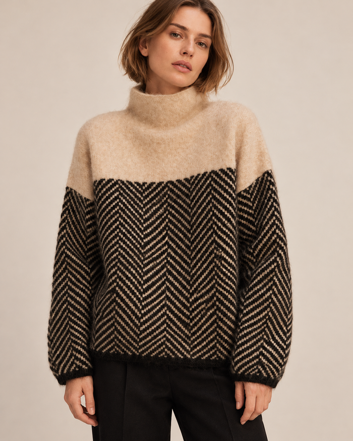 Women's fluffy jumper in beige and black, front view